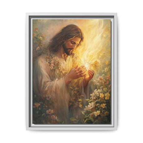 Jesus Holding the Flame (Framed Canvas) - Light of Eternal Love