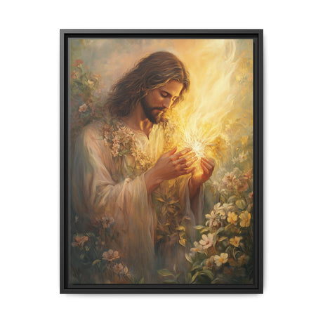 Jesus Holding the Flame (Framed Canvas) - Light of Eternal Love