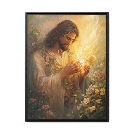 Jesus Holding the Flame (Framed Canvas) - Light of Eternal Love