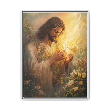 Jesus Holding the Flame (Framed Canvas) - Light of Eternal Love