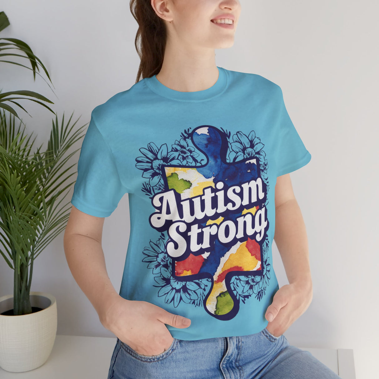 Autism Strong Puzzle Piece with Floral Accents T-Shirt