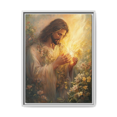 Jesus Holding the Flame (Framed Canvas) - Light of Eternal Love