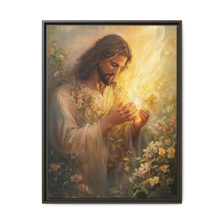 Jesus Holding the Flame (Framed Canvas) - Light of Eternal Love