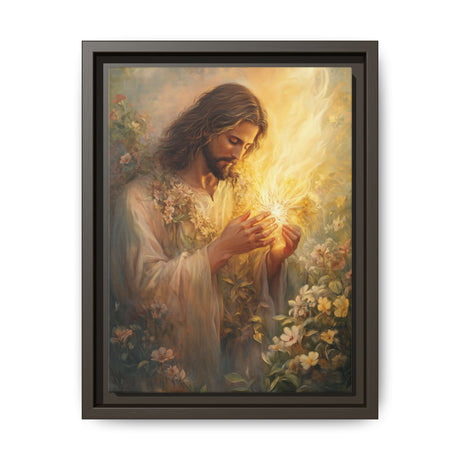 Jesus Holding the Flame (Framed Canvas) - Light of Eternal Love